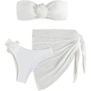 Conjunto de Bikini de 3 Piezas Personalizado para Mujer, Top Bandeau con Apliques Florales, Traje de Baño Elástico, Falda de Playa Blanca - Product Image 2