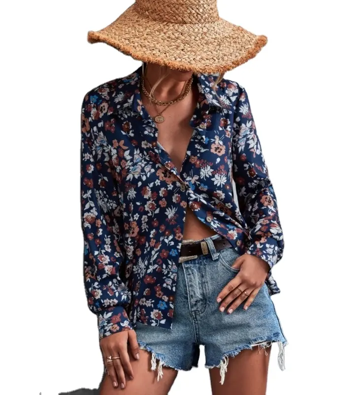 Blusa holgada informal de manga larga para mujer, camisa con estampado Floral bohemio