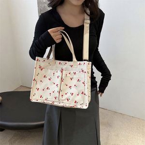 Cherry Tote Bags Women Canvas Patchwork Purse Casual Shoulder Bag Multi-Pocket Satchel Handbags for Work Travel - Product Image 4