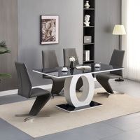 Nouvel arrivage Ensemble de table à manger 6 chaises Moderne Rectangulaire Gris Peint Plateau de table en MDF Verre trempé brillant Base circulaire en bois