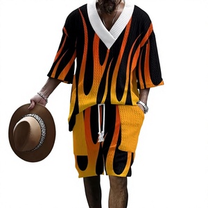 Men's Flame Printed V-Neck Knitted Casual Shirt and <b>Shorts</b> Summer Style 100% <b>Polyester</b> Digital Printing - Product Image 1