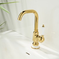 Robinet de lavabo de salle de bain WEIHAO en laiton poli doré avec poignée en céramique blanche, mitigeur eau chaude et froide monotrou