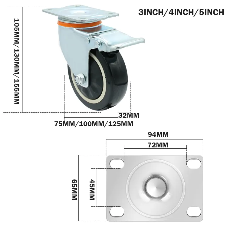 6202 duy nhất bóng mang bánh 4 inch công nghiệp nặng nhiệm vụ PVC Đỏ xoay Caster bánh xe với phanh 100 mét