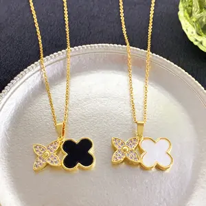 Bốn lá cỏ ba lá thép không gỉ Vòng cổ vỏ với 18K vàng mạ Mặt dây chuyền Kim cương Clover Vòng cổ cho phụ nữ cho kỷ niệm