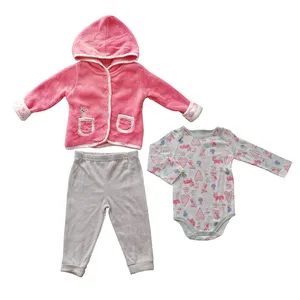 Custom Baby Clothes Set Outfits 3pcs Set Winter New Born Baby Clothing Romper Coat Pants Fleece Combed Cotton Baby Onesie