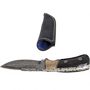Cuchillo de Caza de Acero de Damasco con Hoja Fija, Mango de Cuero, Borde Dentado, Diseño de Punta Caída, 23 cm de Longitud - Product Image 2