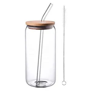 热库存12盎司16盎司透明霜水升华DIY空白啤酒杯罐玻璃平底玻璃杯，带竹盖和吸管