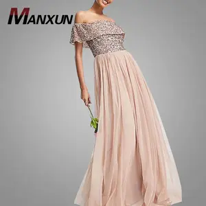 Trendy Sequined Embellishment Dresses Women Back Zip Wedding Maxi Women's Dress Off Shoulder Night Dresses For Women