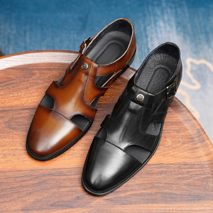 T-Strap Genuine Leather <b>Closed</b> Toe <b>Sandals</b> Breathable Buckle Strap Classic Men's Formal Summer Shoes - Product Image 1