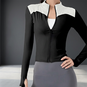 Chaqueta de yoga para mujer con cremallera, bloques de color en contraste, manga larga, cuello alto, transpirable, de elastano y poliéster, top deportivo - Product Image 2