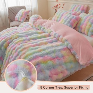 Ensemble de housse de couette en fausse fourrure de lapin moelleux ensemble de literie à bulles Shaggy confortable arc-en-ciel 1 housse de couette floue + 2 taies d'oreiller - Product Image 5