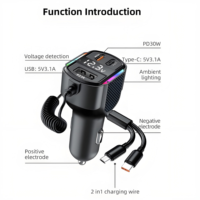 Cargador de Coche Portátil Rápido de 40W con Doble Puerto Tipo-C y USB, Cable Retráctil, Pantalla Digital y Luz de Colores para Laptop