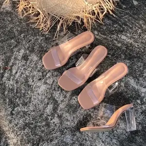 CA1899 sandal mode seksi terbaru Harga murah musim panas warna Nude sepatu transparan wanita dengan hak blok