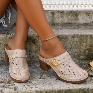 European and American Thick Heel Toe Half Slippers for Women Summer New <b>Style</b> Big Hollow Studded High-heeled Slippers 43 - Product Image 2