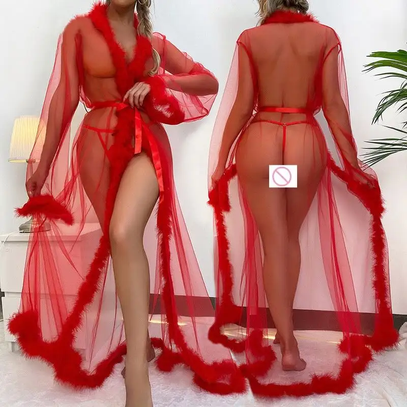 X761 2023 Hot Sales Dames Sexy Kimono Gewaad Met Bont Versiering Erotische Pyjama Badjas In Sexy Lingerie Pure Mesh Dames Nachtkleding