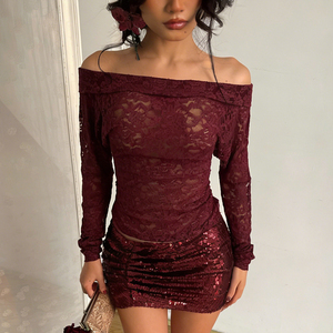 Camiseta Básica Pure Desire - Top de Manga Larga con Hombros Descubiertos para Mujer, Transpirable, con Cuello de Encaje, Corte Regular, para Combinar en Capas, Venta al Por Mayor - Product Image 2
