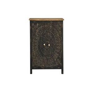 Hand-Carved Mandala Wooden Accent Cabinet – 2-Door Rustic Storage Sideboard & Entryway <b>Console</b> Table, Distressed <b>Black</b> & Gold - Product Image 3