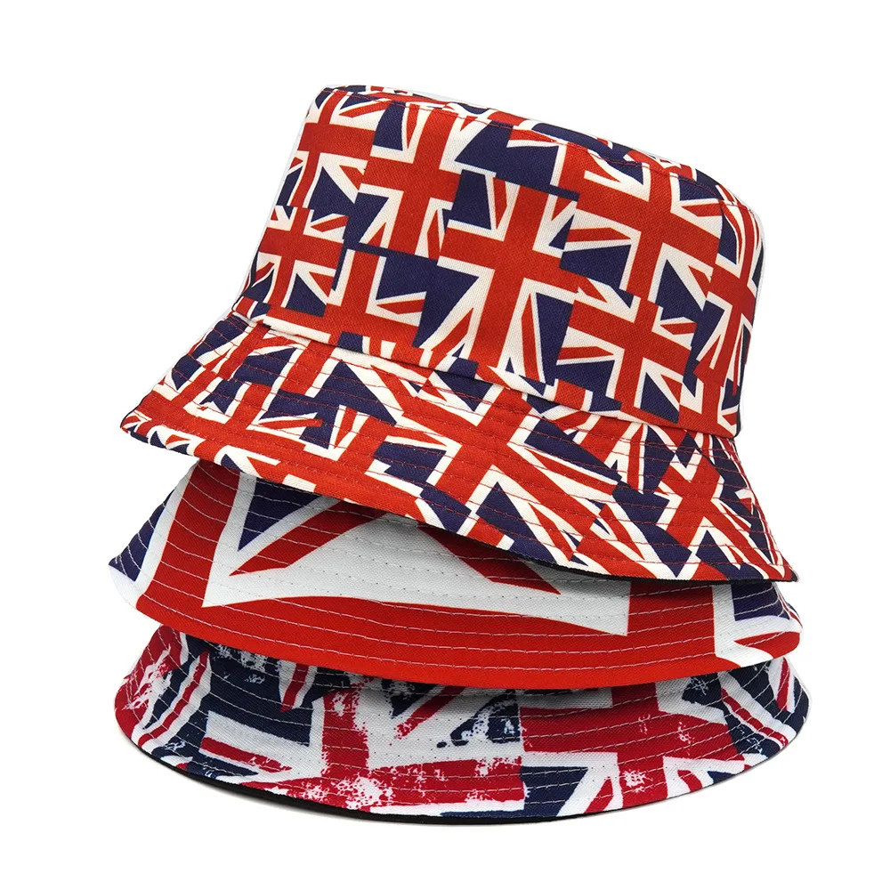 2024 superventas verano protección solar bandera sombreros personalizado unisex algodón viaje playa bandera británica sombrero de cubo