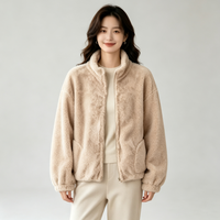 Blouson bomber en sherpa tissé uni pour femme - Fausse fourrure décontractée avec col montant