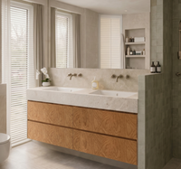 Ensemble de meuble-lavabo de salle de bain sur mesure en bois massif, style Old Money, avec évier intégré thermoformé en dalle de pierre de burl