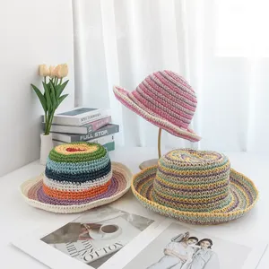 Vintage Foldable Reverse Brim Summer Women Beach Hat Travel Handmade Wholesale Colorful Striped Straw Bucket Hats