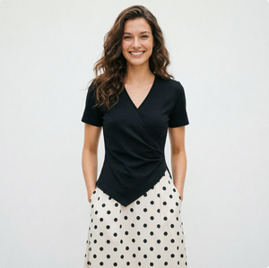 Ensemble pour femme d'été coréen, haut tricoté à pois avec coutures, manches courtes, longueur au-dessus du genou - Product Image 2
