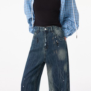 Pantalones Unisex de Mezclilla con Diseño de Salpicaduras de Pintura, Estilo Urbano, Cintura Media, Corte Recto, Holgados, Estilo Americano, para Otoño e Invierno - Product Image 2