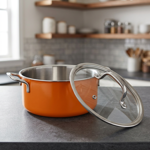 Casserole en émail orange avec couvercle en verre, intérieur en acier inoxydable, design moderne et durable - Product Image 6
