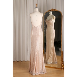 Robe de Demoiselle d'Honneur Moulante Doré Rose à Col Halter et Fente, en Satin avec Traîne et Paillettes, Élégante, <span class=keywords><strong>Sexy</strong></span>, à Bretelles, de Luxe, Écologique, pour Soirée et Bal - Product Image 3