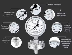 Özelleştirilmiş hava basıncı ölçer M20 * 1.5 konu 0-1 <span class=keywords><strong>Mpa</strong></span> çeşitli uygulamalar için temizle ölçekli diyafram mühür basınç göstergesi - Product Image 5