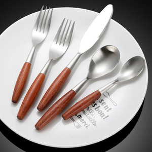 Rosewood Handle 304 Stainless Steel <b>Knife</b> <b>Fork</b> <b>Spoon</b> <b>Set</b> 5 Pieces Western Tableware Hotel Steak Cutlery - Product Image 3