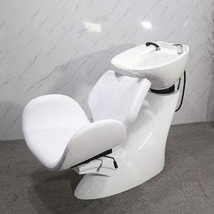 Champú de salón de belleza de diseño moderno, estación de fregadero de retrolavado, cama de lavado de cabello de Metal duradero, fregadero de cerámica inclinable, asiento ajustable - Product Image 4