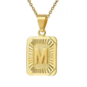 Trendy 18k Gold Plated Personalised Rectangle Necklace Jewelry Stainless Steel Medallion Initial Letter Necklace for Women