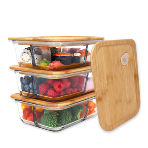 Japanese Custom Bpa Free Refrigerator Microwave Safe Food Storage Stackable Clear Glass Bento Lunch Box with Bamboo Wood Lid