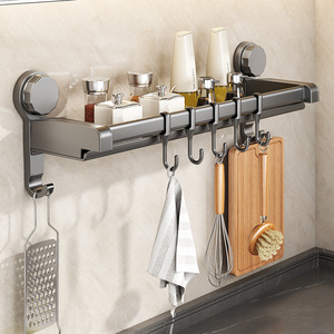 Étagère de cuisine murale à ventouse pour épices et ustensiles, avec crochets et plateau, pour l'organisation transfrontalière - Product Image 1