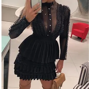 Women Mock Neck Sheer Mesh Insert Ruffles Buttoned Dress long sleeve hidden back zipper closure evening wedding banquet party