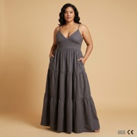 Robe longue à volants personnalisée en lin (55%) et coton (45%) pour femme, col en V, sans manches, bretelles spaghetti, coupe trapèze, avec poches, OEM, grandes tailles du S au 5XL