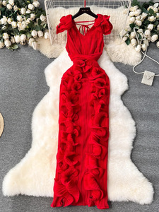 Women's Clothes Ladies Banquet High End Light Luxury Niche Pressed Pleated <strong>Three</strong> Dimensional Ruffles Slim Temperament Dress - Product Image 2