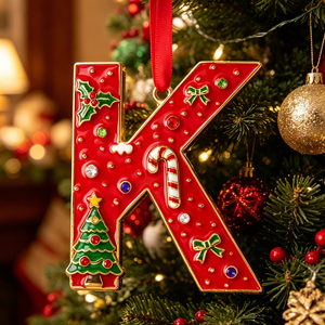 Ornement de Noël en alliage de zinc, lettre K, émail rouge, points dorés, houx, sapin de Noël, <span class=keywords><strong>canne</strong></span> à sucre, nœuds verts, pierres précieuses, décoration de fêtes - Product Image 1