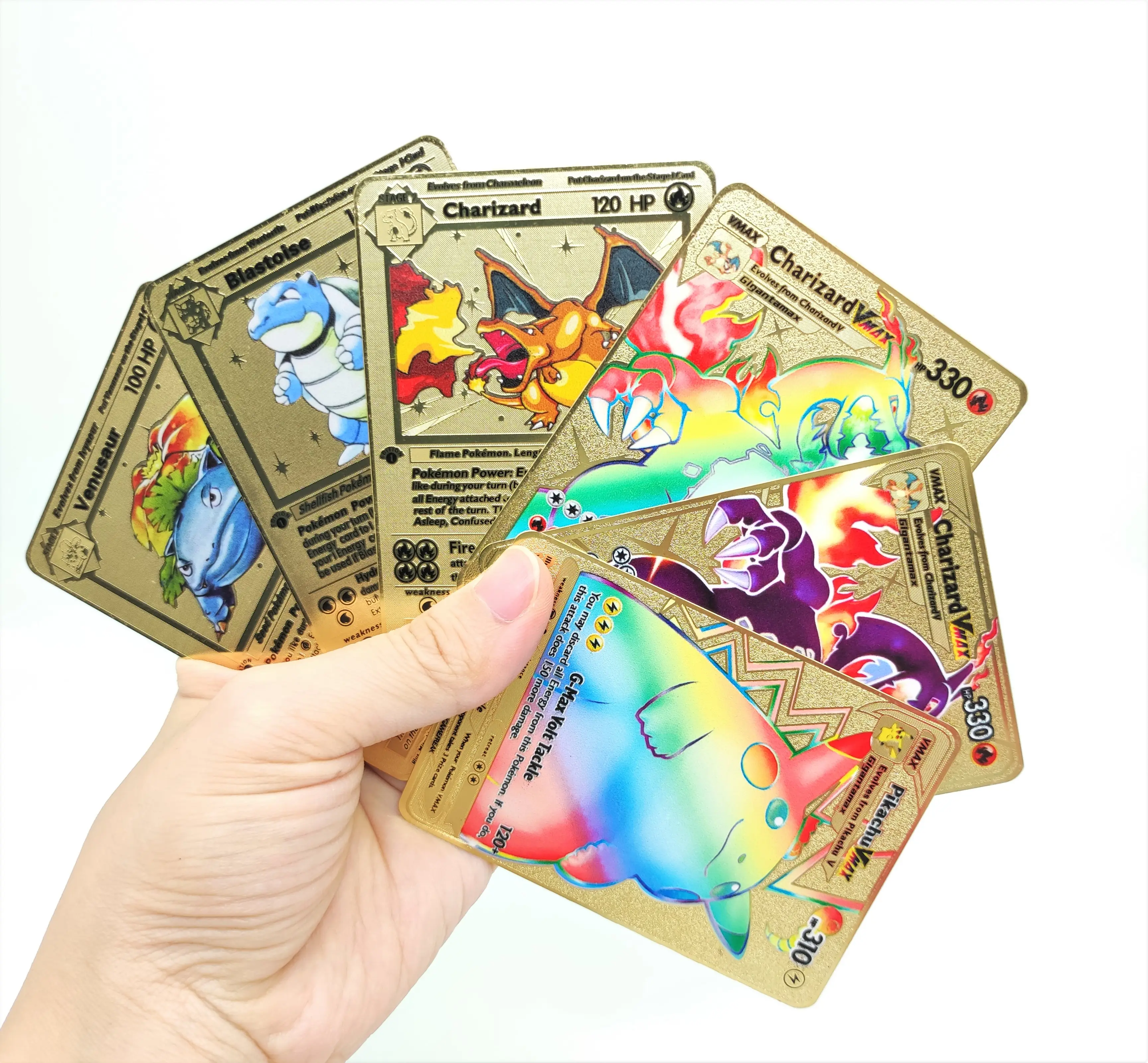 Cartes Pokemon en métal doré, jeu de commerce, nouvelle collection, Charizard,Blastoise,Venusaur
