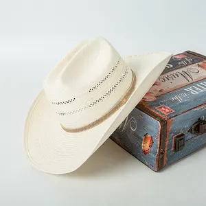 <span class=keywords><strong>Sombrero</strong></span> <span class=keywords><strong>de</strong></span> <span class=keywords><strong>Vaquero</strong></span> Occidental Personalizado Vintage <span class=keywords><strong>de</strong></span> Paja Bangora Marrón con <span class=keywords><strong>Frente</strong></span> Plegado y Diseño Trenzado, Estilo Cattleman, Color Marfil - Product Image 1