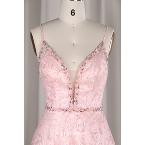 现代性感深v领亮片热石头粉色伴娘晚礼服，适合婚礼派对或卡萨门托节日 - Product Image 4