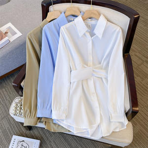 Blus Wanita Musim Semi 2025, Lengan Panjang, Kancing, Tali Pinggang, Warna Solid, Gaya Prancis, Kerah Turun - Product Image 4