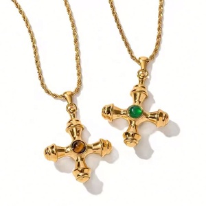 Collar con Colgante de Cruz a la Moda, Personalizado, Impermeable, con Ágata, Chapado en Oro, Acero Inoxidable 316L, Joyería de Moda para Mujer - Product Image 1