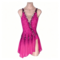 Robe de patinage artistique fuchsia en strass, sans manches, dos croisé, en maille, pour enfants et adultes, pour compétition et performance