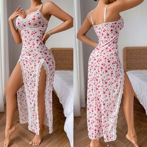 H3945 Lingerie sexy, robe longue en dentelle transparente à imprimé léopard, double fente, robe chemise maxi, pyjama sexy - Product Image 3