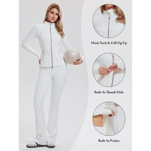 Ensemble de survêtement 2 pièces FOXA pour femme : veste zippée intégrale et pantalon patte d'éléphant ajusté en polyester uni – Tenue de fitness - Product Image 5