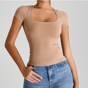Özel Logo kadın Slim Fit kısa kollu Yoga spor tişört koşu egzersiz atletik <span class=keywords><strong>y</strong></span>üksek elastik Yoga üst Tops