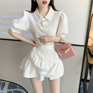 White Two Piece Set High Waist Polo Neck Ruffles A Line Skirt Casual Dress Women Daily Wear Solid Color Polyester - Product Image 1