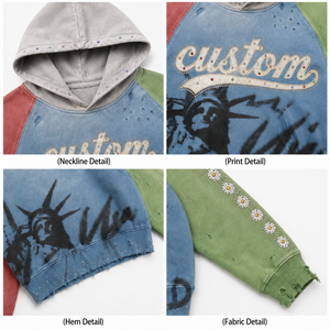 Sweat à capuche en coton épais délavé à la pierre, coupe ample, avec motif graphique en strass, style streetwear, personnalisable avec logo, pour homme, vente en gros - Product Image 3